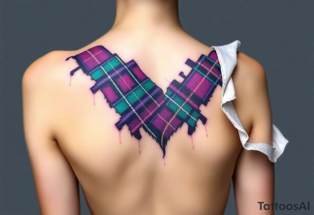 Chest 
Dark Purple with green pink blue and white highlights tartan fabric with skin around edges peeling and wrapping around side of shoulder tattoo idea