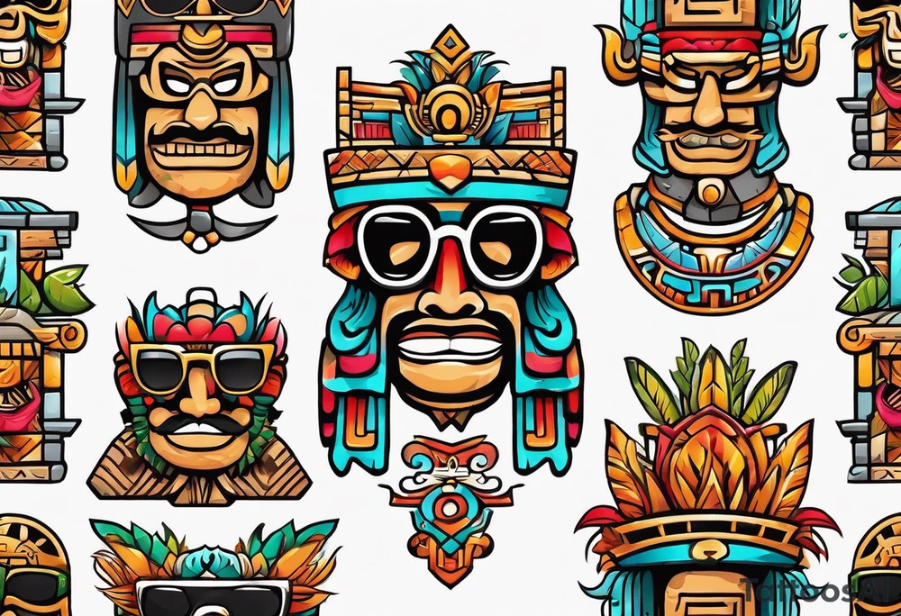 Colorful Mayan hieroglyph with sunglasses tattoo idea