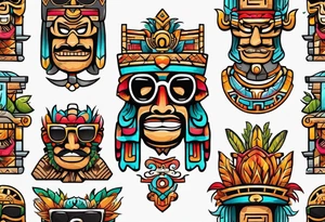 Colorful Mayan hieroglyph with sunglasses tattoo idea