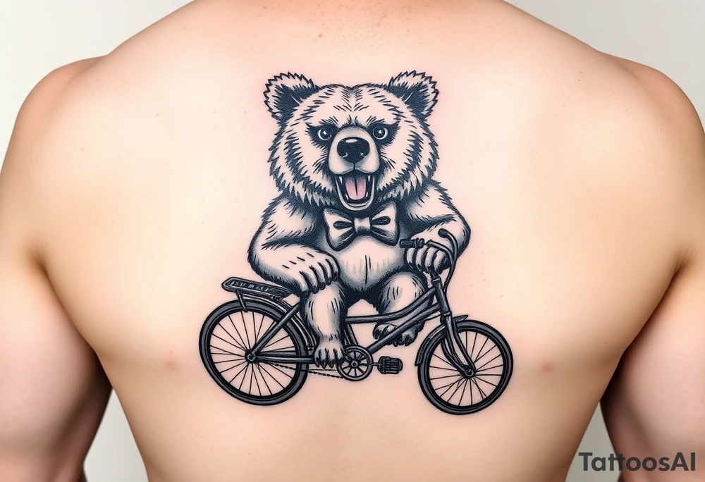 Fierce bear riding a tricycle wearing a bow tie tattoo idea
