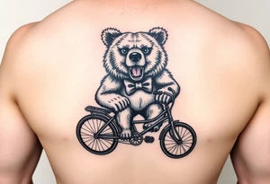 Fierce bear riding a tricycle wearing a bow tie tattoo idea
