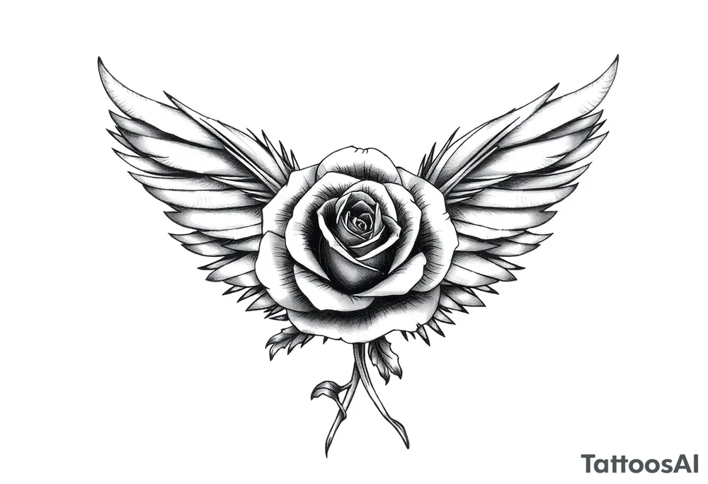 TWO FEATHERS TOGETHER WITH A ROSE WITH "SERGE" WRITTEN INSIDE tattoo idea