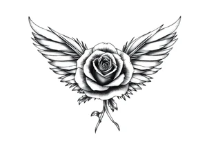 TWO FEATHERS TOGETHER WITH A ROSE WITH "SERGE" WRITTEN INSIDE tattoo idea