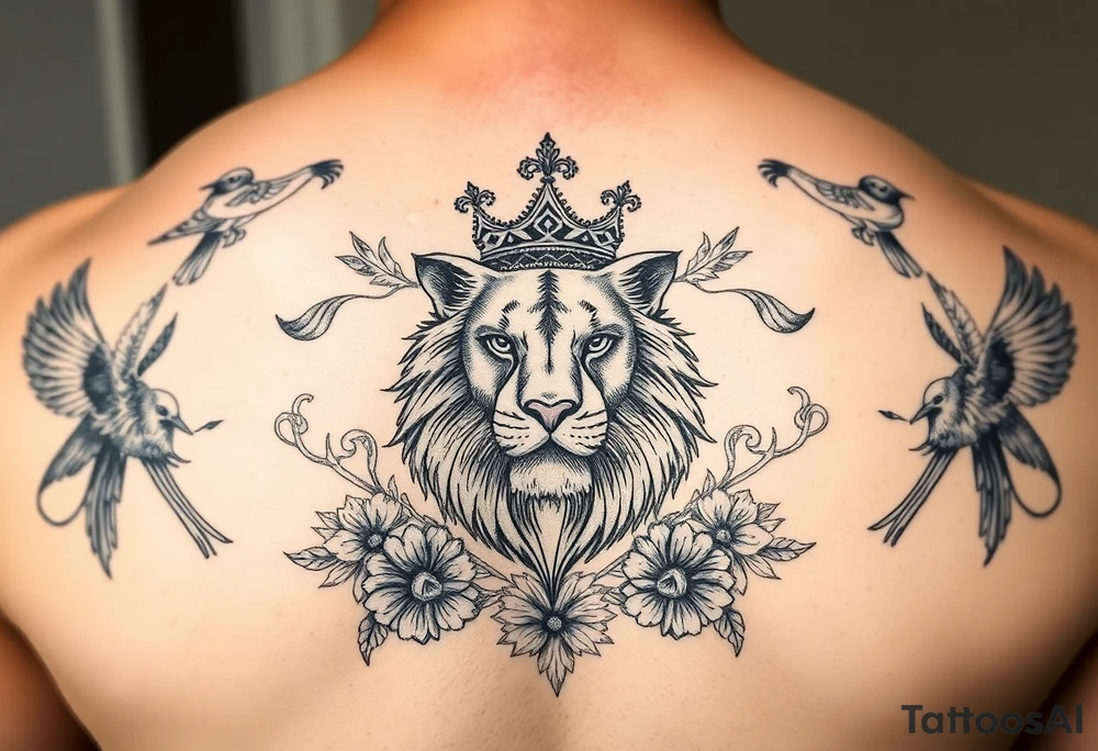 powerful majestic lion with a crown, surrounded by floral ornaments and birds tattoo idea