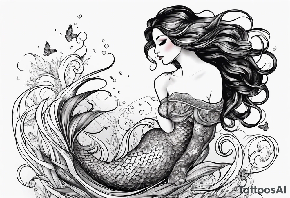 mystical sultery
 mermaid with long 
flowing tail and hair, tattoo sleeve tattoo idea