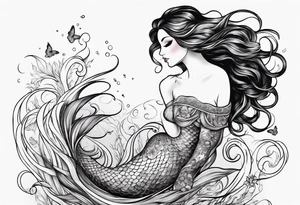 mystical sultery
 mermaid with long 
flowing tail and hair, tattoo sleeve tattoo idea