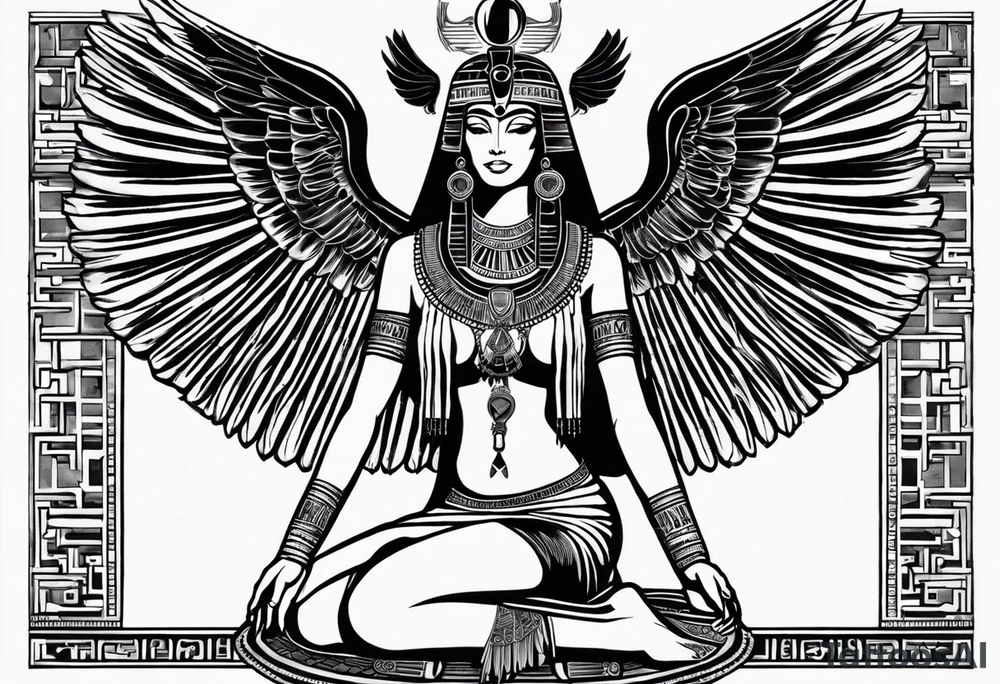 blank and white Egyptian goddess Isis, who is often depicted as a woman with outstretched wings, holding an ankh (a symbol of life) in one hand and a lotus flower in the other. Her headdress often includes a throne or a solar disk. The tattoo design can vary in style and size, but it typically aims to capture the essence of this revered Egyptian deity, emphasizing her beauty, power, and maternal qualities. The choice of colors and additional elements can also be customized to create a unique and visually striking representation of the goddess Isis tattoo idea