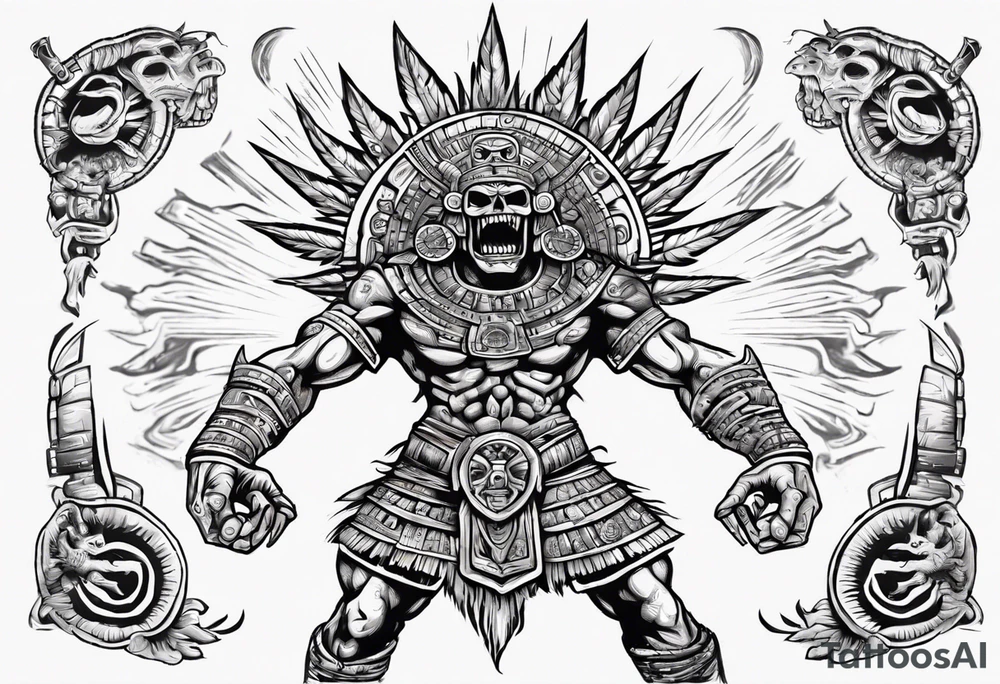 Giant aztec death god warrior fighting as the sun in going in the air tattoo idea