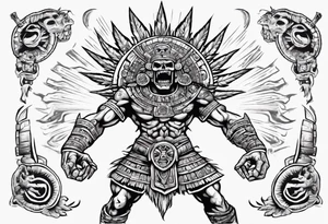 Giant aztec death god warrior fighting as the sun in going in the air tattoo idea