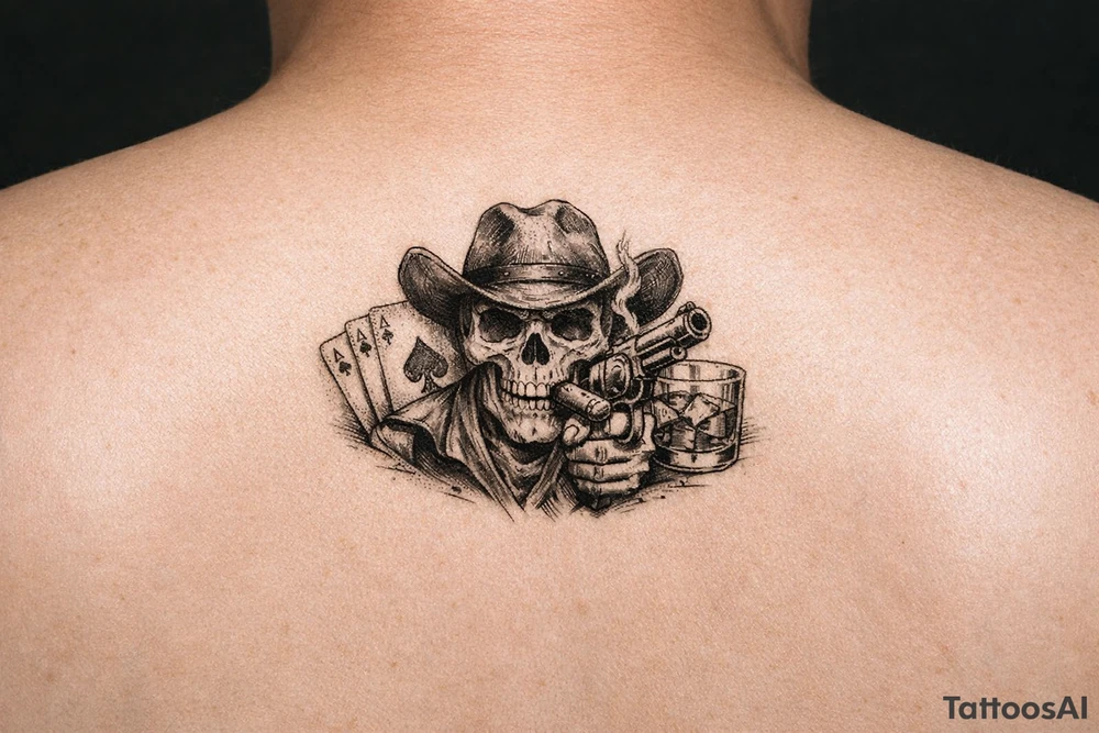 skull with cowboy-hat, cigar in his mouth, a gun in a hand, playing cards, whiskey-glass. tattoo idea