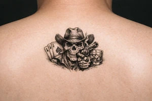 skull with cowboy-hat, cigar in his mouth, a gun in a hand, playing cards, whiskey-glass. tattoo idea