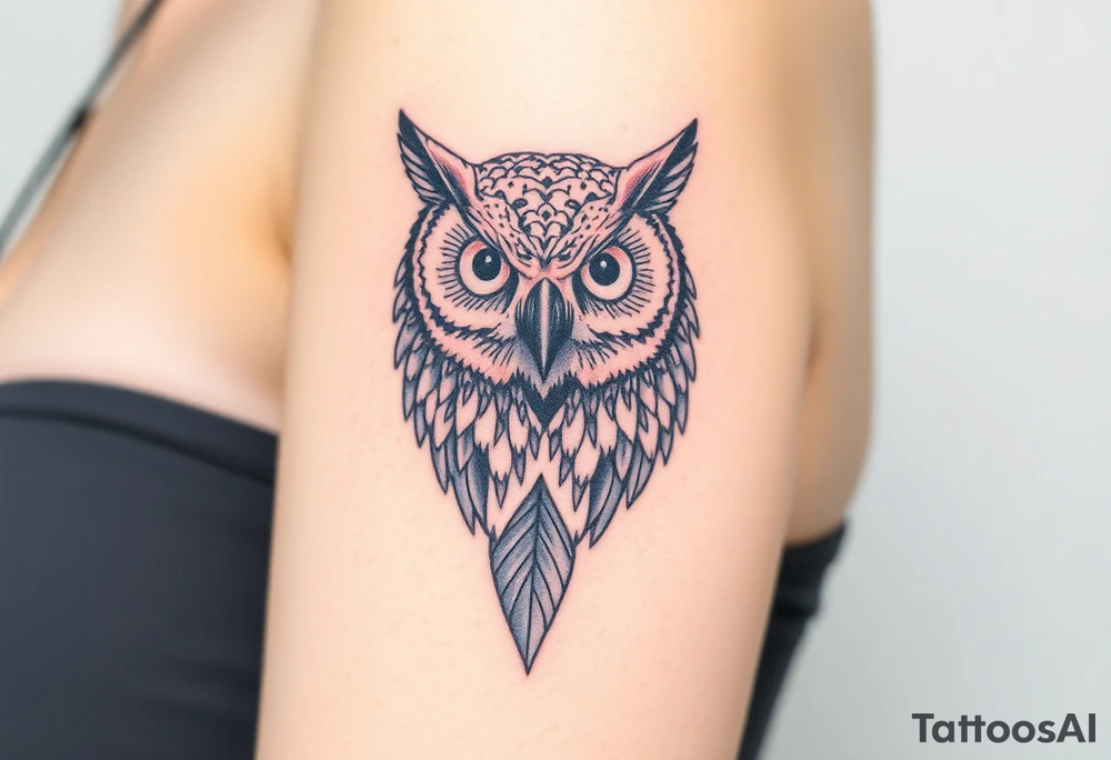 powerful, owl, front facing and piercing eyes tattoo idea