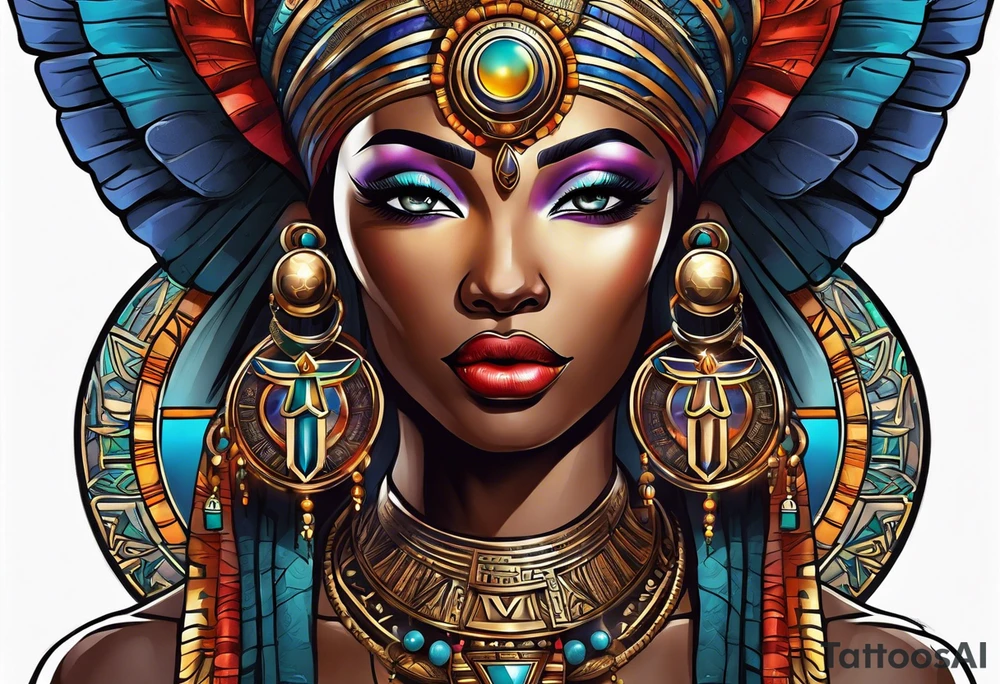 African Goddess wearing the eye of Horus and Ankh symbol tattoo idea