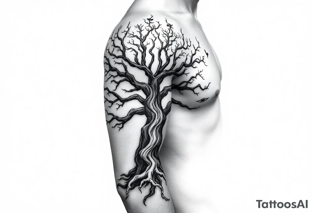 Arm sleeve, tree with limbs wrapping around, negative space tattoo idea