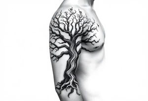 Arm sleeve, tree with limbs wrapping around, negative space tattoo idea