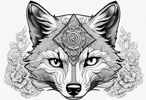 kitsune japonesa em forma de raposa com sua máscara e as fases da lua, corpo inteiro da raposa tattoo idea