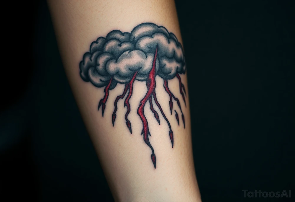 Dark, black menacing storm clouds with creepy red bolts of lightning & heavy rain coming down tattoo idea