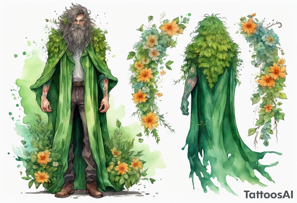 A tall, beautiful 19 year old tree-man hybrid with leafy hair and a cloak made of flowers. tattoo idea