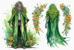A tall, beautiful 19 year old tree-man hybrid with leafy hair and a cloak made of flowers. tattoo idea
