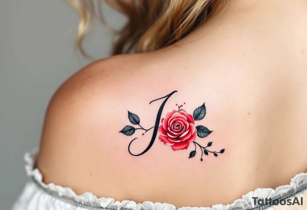 Elegant cursive "J" in deep black ink, wrapped with a soft red rose vine tattoo idea