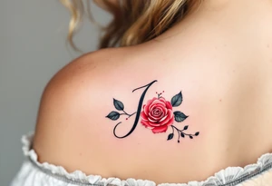 Elegant cursive "J" in deep black ink, wrapped with a soft red rose vine tattoo idea