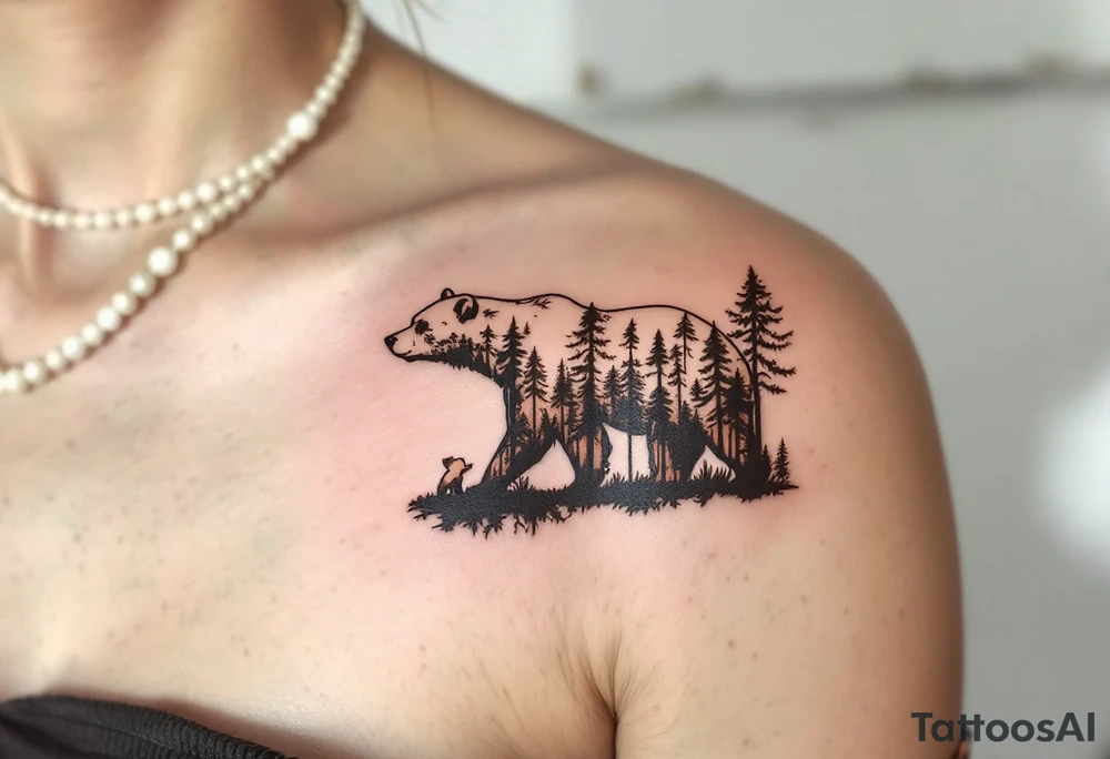 A mother bear and cub in brown ink with a forest silhouette in the background symbolizes fierce protection and guidance. tattoo idea