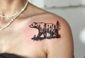 A mother bear and cub in brown ink with a forest silhouette in the background symbolizes fierce protection and guidance. tattoo idea