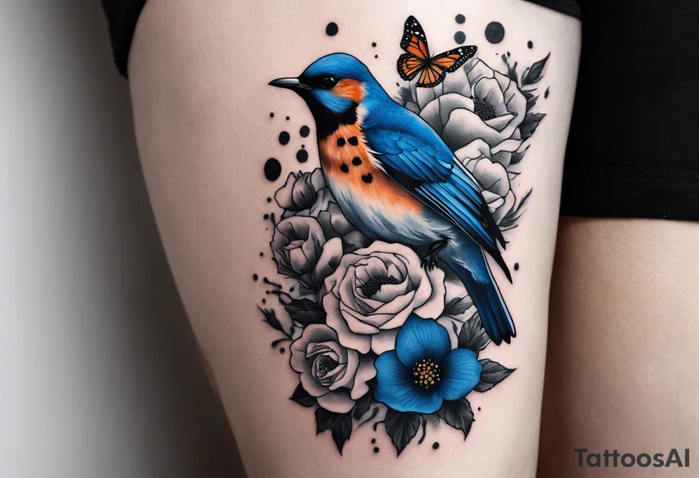 Rocky mountains with mountain blue birds and monarch butterflies with wild prairie roses  for a half sleeve tattoo idea