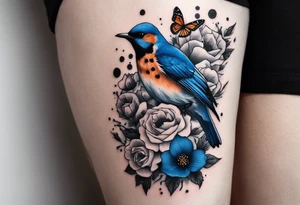 Rocky mountains with mountain blue birds and monarch butterflies with wild prairie roses  for a half sleeve tattoo idea