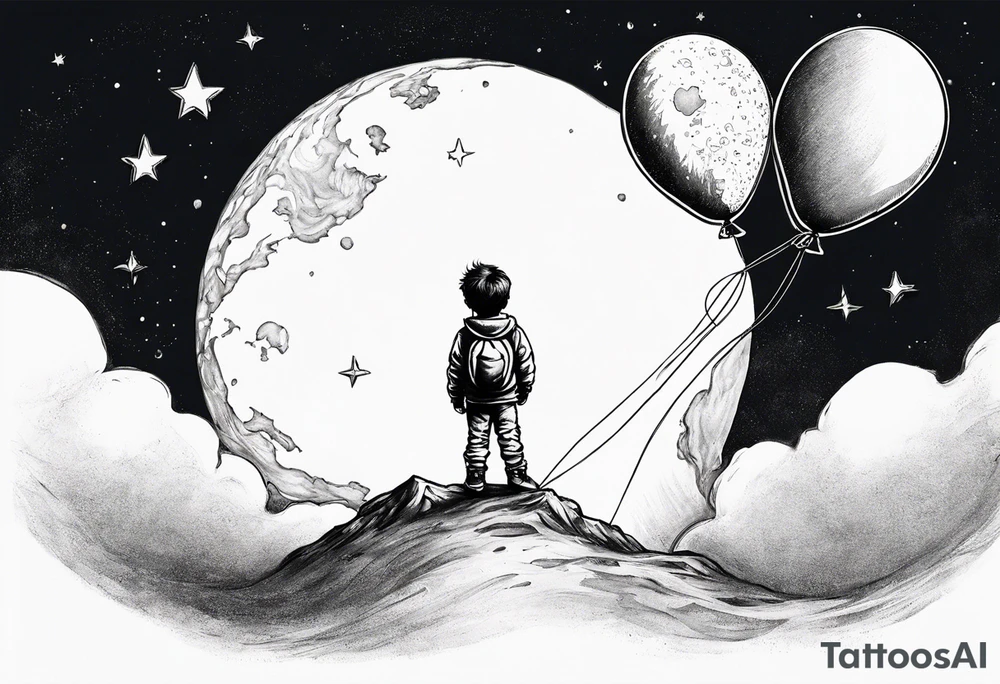 Child standing on the moon with his back to you. Holding a balloon on 1 site and holding air the other side tattoo idea