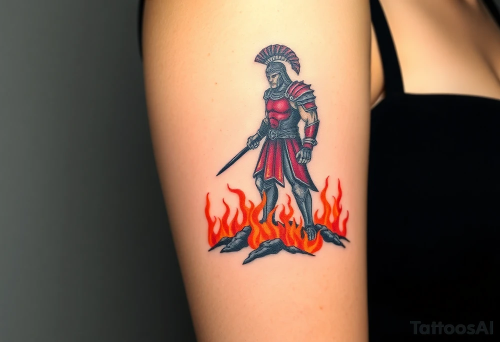 A battle-worn Ares in crimson and black armor, standing atop a battlefield engulfed in fiery orange and deep red flames tattoo idea