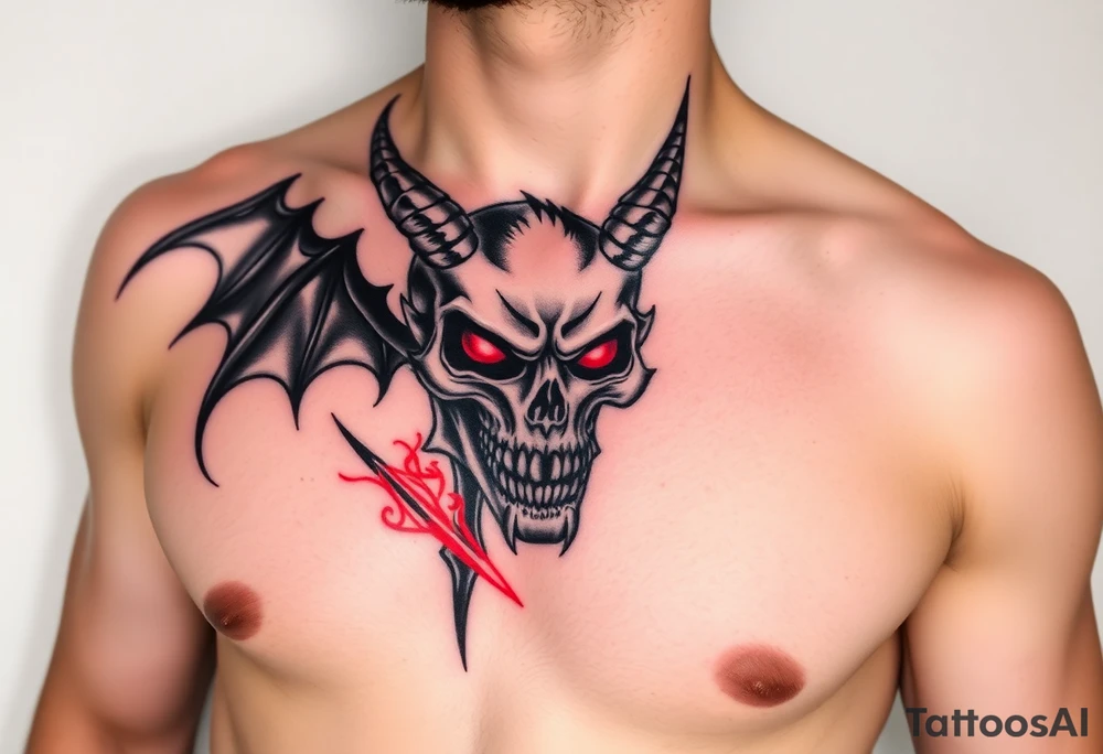 Demon skull black and red on left chest male tattoo idea