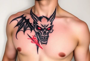 Demon skull black and red on left chest male tattoo idea