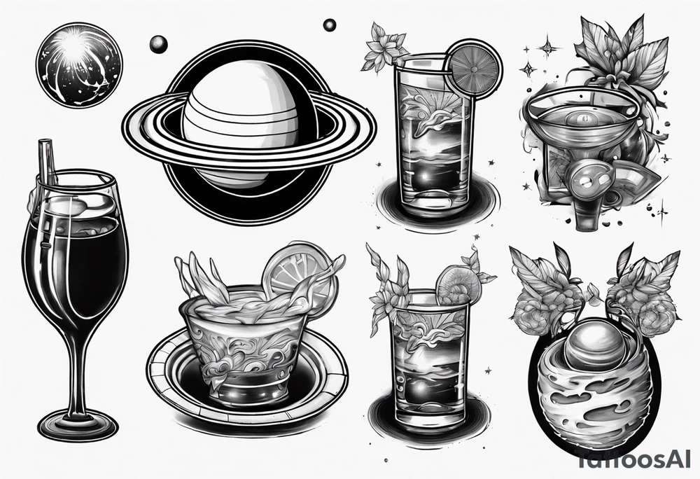 saturn with rings but its a glass of alcohol tattoo idea