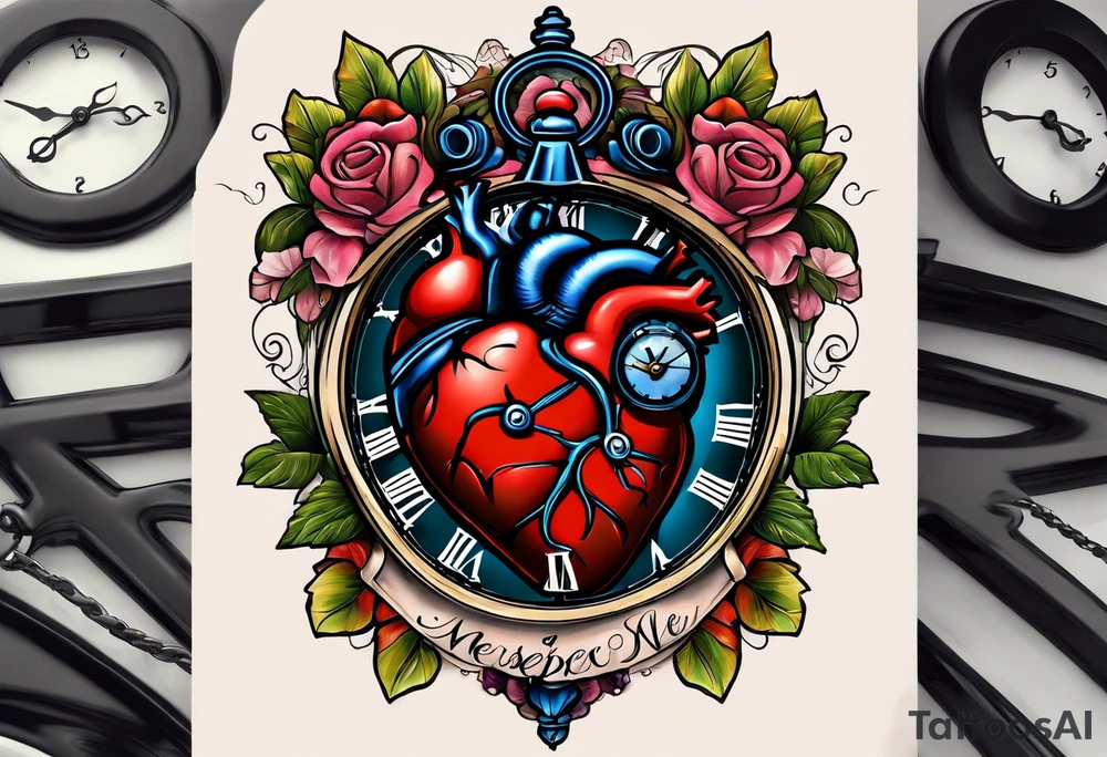 anatomical heart with clock in middle.
Clock hands on 8 and 5.
Never Say Never written on tattoo tattoo idea