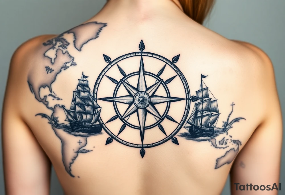 antique compass rose overlaid on weathered world map with sailing ships tattoo idea