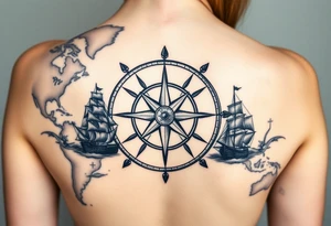 antique compass rose overlaid on weathered world map with sailing ships tattoo idea