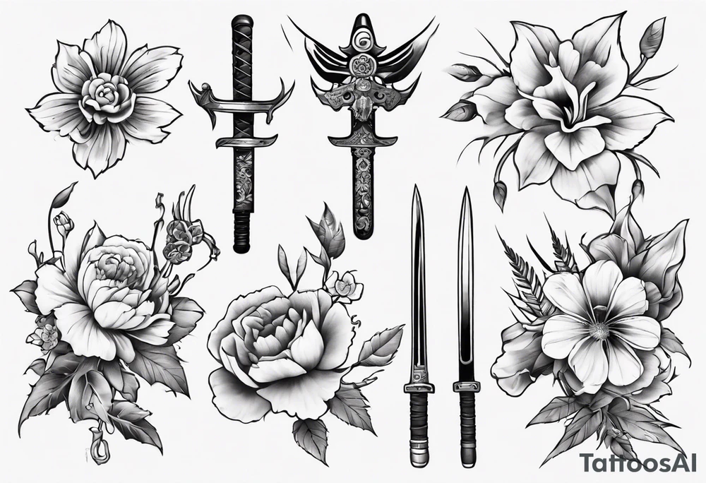 flowers with weapon tattoo idea