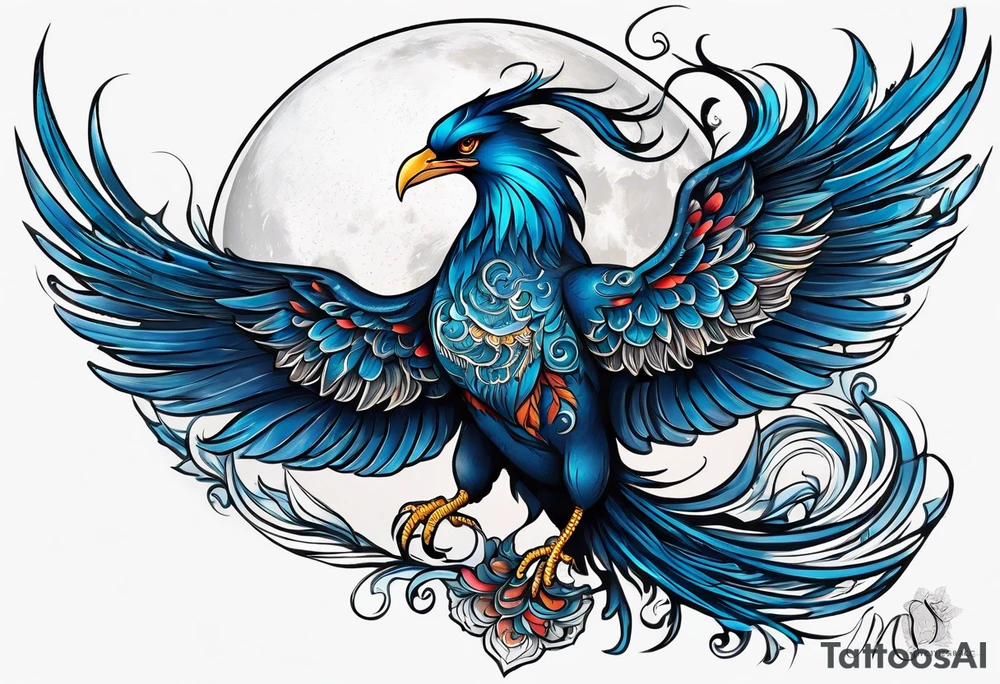 phoenix sur une lune bleu tattoo idea