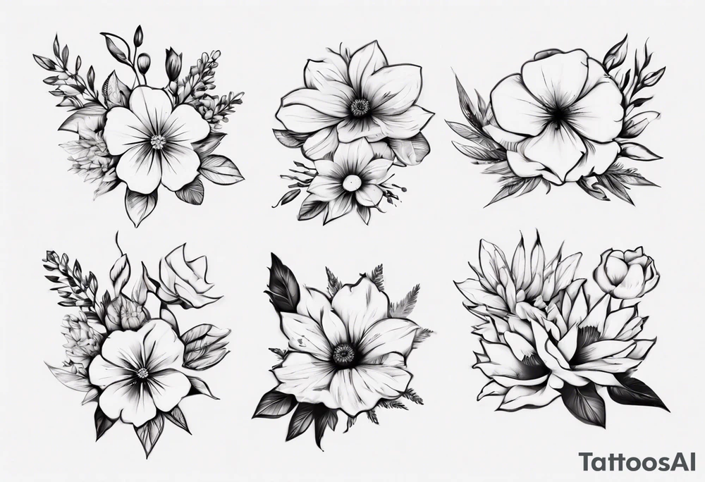 5 flower bouquet with 1 October flower, 1 may flower, 1 July flower, 1 January flower, and 1 September flower tattoo idea