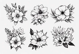 5 flower bouquet with 1 October flower, 1 may flower, 1 July flower, 1 January flower, and 1 September flower tattoo idea