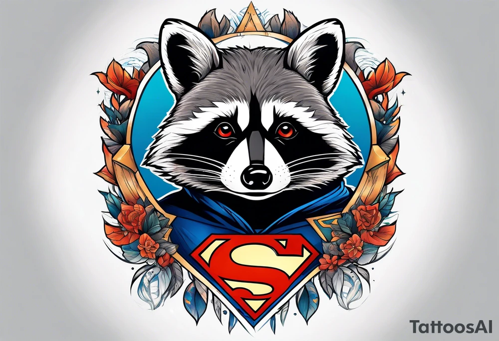 raccoon wearing a Superman hoodie tattoo idea