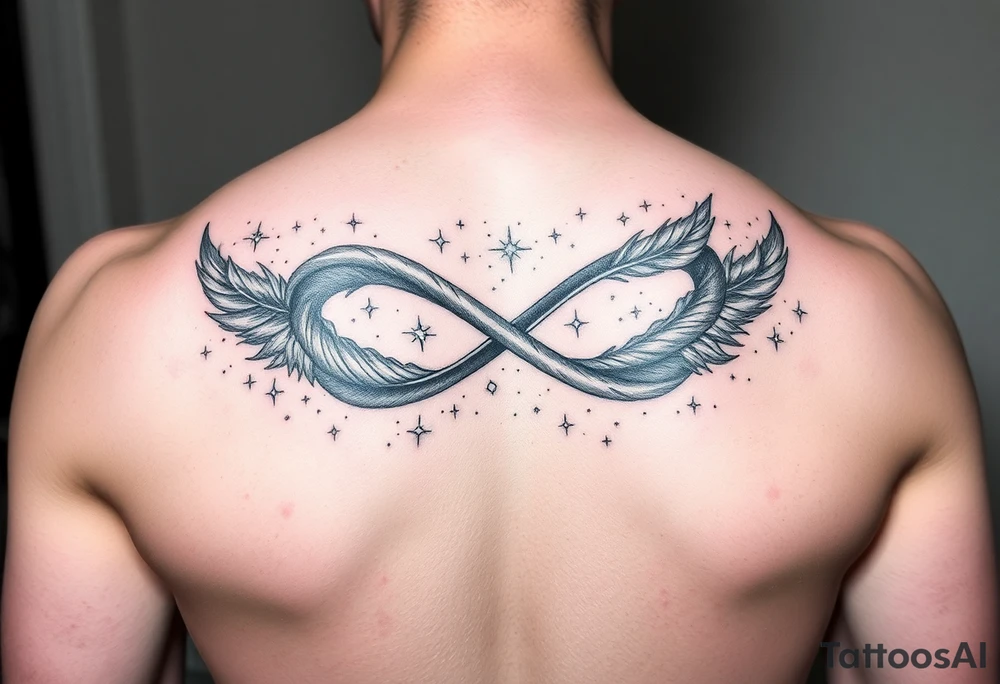 infinity symbol woven with floating feathers and stardust tattoo idea