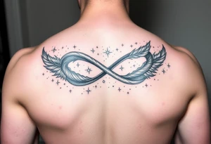 infinity symbol woven with floating feathers and stardust tattoo idea
