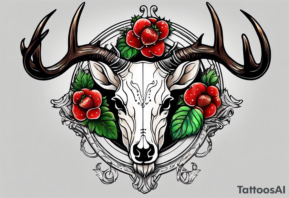 A deer skull. The astrological sign for Aries and Taurus hanging from the antlers. There should be some strawberry imagery in it also. tattoo idea
