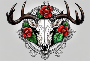 A deer skull. The astrological sign for Aries and Taurus hanging from the antlers. There should be some strawberry imagery in it also. tattoo idea
