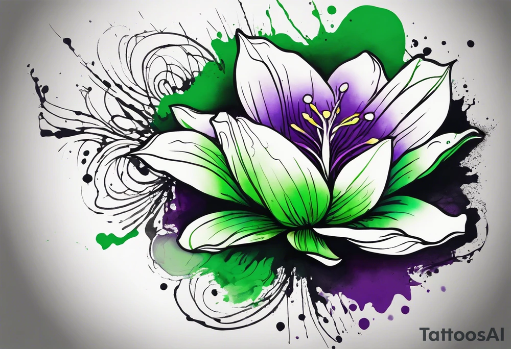 An outline of a green rio dipladenia flower and a green and purple watercolor splash in the background tattoo idea