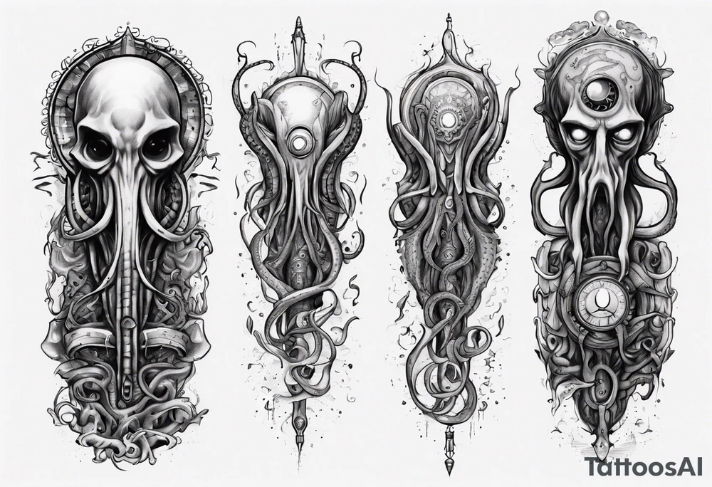 lovecraft long tattoo to put on the forearm, with eye and tentacle tattoo idea