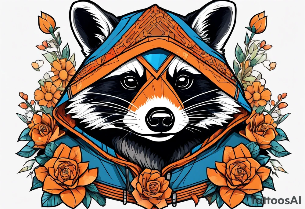 raccoon wearing a Superman hoodie with orange flowers tattoo idea