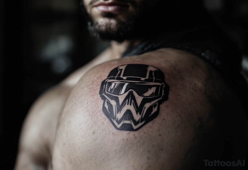 Tactical Vision Mask – A sleek, modern combat mask with visor in dark shades of gray and black, representing focus, protection, and a strategic mindset. tattoo idea